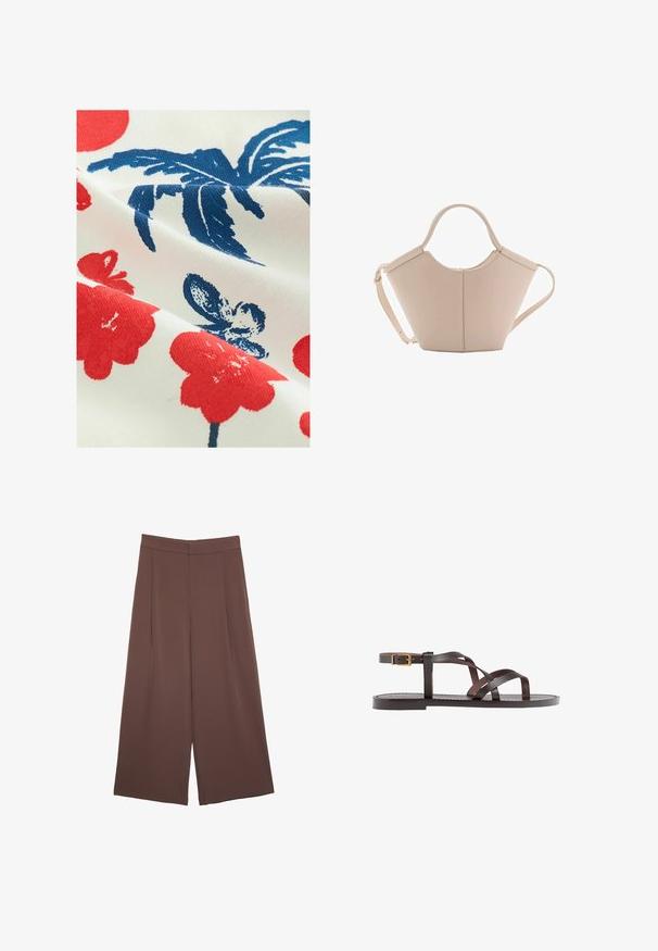 Bavlnená tkanina s bielym pozadím, na ktorej sú červené kvetinové vzory a modré lístkové designy, s textúrovaným tlačeným povrchom.; Hnedé nohavice so širokými nohavicami a hladkou textúrou, s vysokým pásom a prednými skladmi. Tkanina je ľahká a voľne sa pohybuje.; Hnedé kožené sandály s krížovými popruhmi, uzatváraním na pracku okolo členku a plochou podrážkou s minimálnymi ševmi.; Béžová kožená kabelka s unikátnym tvarom, vybavená dvoma krátkymi uchami a jedným dlhým nastaviteľným popruhom. Hladký povrch s minimálnym kovovým príslušenstvom.