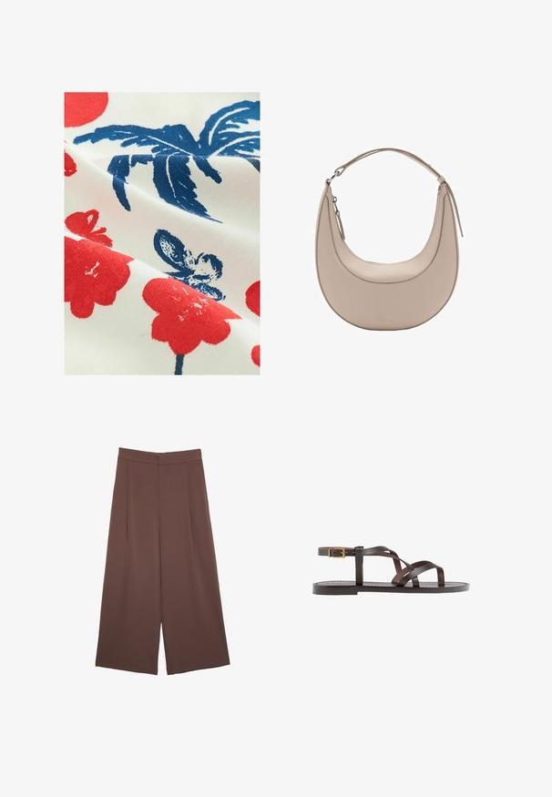 Bombažna tkanina z belo podlago, ki vsebuje rdeče cvetlične vzorce in modre listnate dizajne, ki prikazuje teksturirano, tiskano površino.; Rjave široke hlače z gladko teksturo, ki imajo visok pas in sprednje naborke. Tkanina je lahka in prosto pada.; Rjav usnjen sandal z načinom prečnega črta, zaklepom okoli gležnja in ravnim podplatom z minimalnimi šivi.; Bež usnjena torba za rame v obliki kružnice, z gladko teksturo in eno ukrivljeno zanko. Ima zadrgo in urejen šiv.