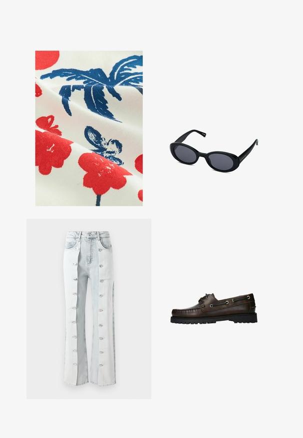 Tissu en coton avec un fond blanc présentant des motifs floraux rouges et des designs de feuilles bleues, mettant en valeur une finition imprimée texturée.; Jeans en denim bleu clair avec des accents de boutons argentés, présentant un design à jambes larges et des panneaux latéraux. Le tissu a une finition texturée.; Chaussure de bateau en cuir marron avec des coutures de style mocassin, des œillets en métal et une semelle en caoutchouc noir texturé.; Lunettes de soleil ovales noires avec des verres sombres, monture en plastique épais, design légèrement incurvé et détail du logo doré sur la branche.