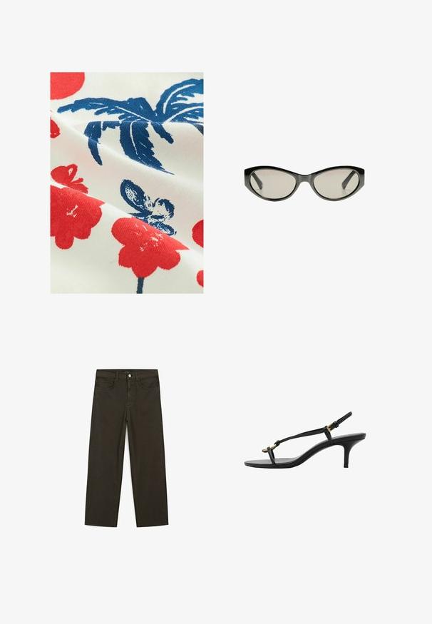 Tkanina bawełniana o białym tle z czerwonymi wzorami kwiatowymi i niebieskimi liściastymi motywami, prezentująca teksturowane, drukowane wykończenie.; Ciemnozielone spodnie dżinsowe typu wide-leg wykonane z mieszanki bawełny, z zamkiem na guzik z przodu, pięcioma kieszeniami i klasycznym przeszyciem dżinsowym.; Czarne skórzane sandały na koturnie z cienkimi paskami, złotą klamrą i minimalistycznym pętelką na palce na białym tle.; Czarne okulary przeciwsłoneczne w kształcie kociego oka z szarymi, przyciemnionymi soczewkami. Plastikowa oprawka charakteryzuje się ostrymi krawędziami i gładkim, błyszczącym wykończeniem.