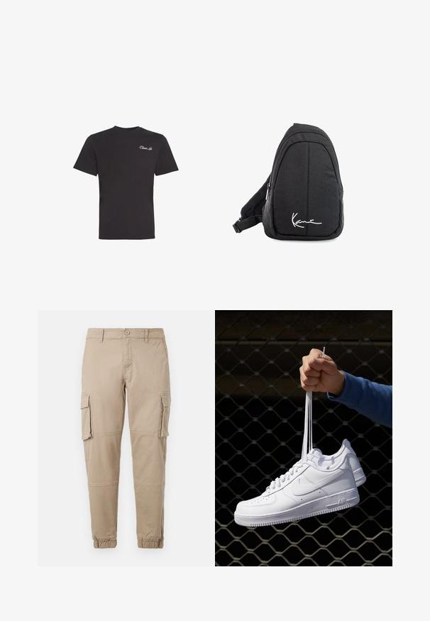 Camiseta negra de manga corta con pequeño texto blanco en cursiva "Closure Lin" en el lado superior izquierdo del pecho, fondo liso.; Pantalones cargo beige de un material de algodón ligero. Presenta puños elásticos, múltiples bolsillos laterales y un cierre de botón.; Zapatillas de cuero blanco con perforaciones, punta redonda, suela plana y cordones gruesos, con un logo de swoosh visible y "AIR" en el talón.; Mochila de tela negra tipo bandolera con una textura suave, que presenta un diseño curvado, un compartimento con cremallera y un logo blanco en la parte frontal.