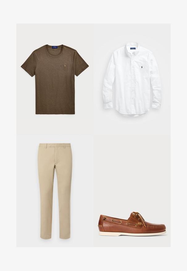 Polo Ralph Lauren CUSTOM SLIM FIT SOFT COTTON T-SHIRT - Jednoduché tričko - cedar heather; Bílá košile s dlouhým rukávem a knoflíkovým zapínáním vyrobená z bavlny. Má klasický límec, knoflíkové manžety a malé námořnické vyšívané logo na hrudi.; Beige bavlněné kalhoty rovného střihu, s poutky na pás, plochým předním dílem a upravenými lemy. Hladká textura a minimální detaily.; Hnědé kožené lodní boty s šněrováním, zlatými kroužky a krémovou gumovou podrážkou. Navrženy s vyvýšeným švem na špičce.