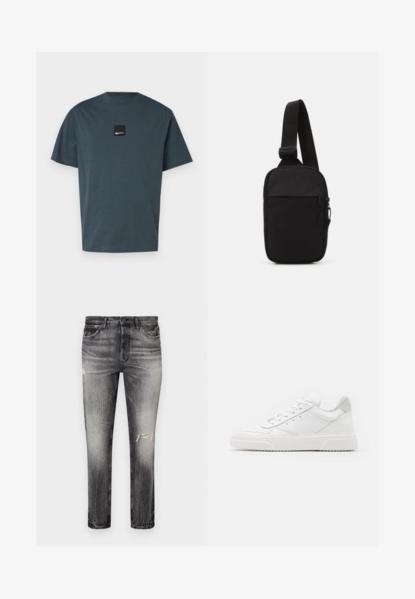 Mint green cotton t-shirt with short sleeves, crew neck, and a small black square logo patch on the front. Smooth texture, relaxed fit.; Faded black denim jeans with a straight cut, featuring distressed areas, front pockets, and a classic button closure.; White leather sneakers with a smooth finish, rounded toe, flat laces, and a textured sole. Grey suede accent at the heel.; Black crossbody bag made of durable fabric, featuring a single adjustable strap, a zippered main compartment, and a front pocket.