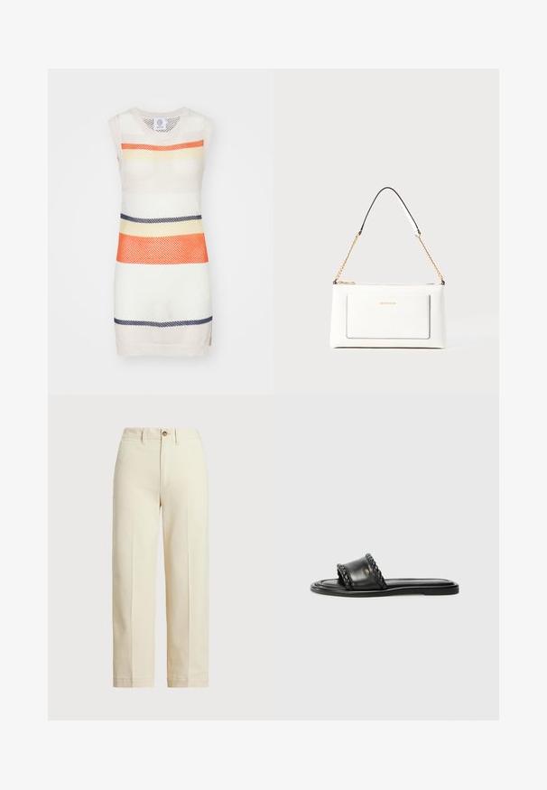 Kätseteta kudumkleit, millel on võrgumuster horisontraalsete triipudega oranžis, kollases, tumesinises ja kreemis. Sirge alläär ja ümmargune kaelus.; Beezid püksid, mis on valmistatud puuvillast, sirge lõikega, ühe nööbi kinnitusega ja nähtavate esihõõrdudega. Puha hem ja ilma mustriteta.; Mustmust nagu nahast sandaalid, millel on kootud rihm, lame tall, ja Nub kerge disain. Sile tekstuur ja minimalistlik profiil.; Valge nahast kott tekstureeritud viimistlusega, millel on kuldne kettling ja mustad aktsendid. Include eesmine tasku ja tõmblukk.