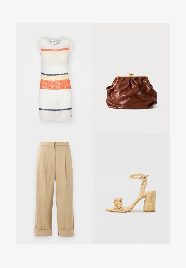 Robe en tricot sans manches avec un design en mesh et des rayures horizontales orange, jaune, marine et crème. Ourlet plat et col rond.; Pantalons beige à jambes larges avec deux plis à l'avant, ourlets roulés et texture lisse. Fabriqués en tissu léger, offrant une coupe décontractée.; Sandale à talons hauts beige avec une texture tressée, ornée d'une fleur décorative et d'une bride à la cheville. Le talon carré ajoute de la stabilité.; Pochette en cuir marron avec fermoir en doré et une courte anse en chaîne dorée, présentant une texture douce et froncée sur un fond blanc.