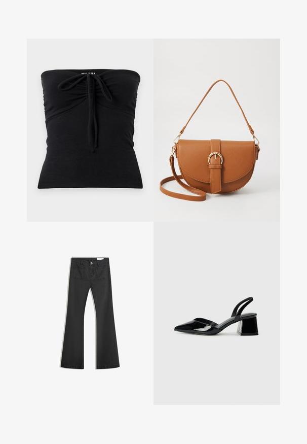 Fekete, pánt nélküli felső, puha anyagból készült, elöl húzózsinórral a méret állításához, sima textúrájú és testhezálló fazonú.; Fekete, sima textúrájú farmer flare nadrág, két hátsó zsebbel és gombos derékkal.; Fekete lakk bőr szandálkés magas sarkú cipő, hegyes orral és geometrikus tömbsarkakkal. Karcsú, minimalista dizájn és sima textúra jellemzi.; Barna bőr keresztbody táska ívelt formával, aranyszínű fémrészekkel és csat díszítéssel. Levehető vállpánttal rendelkezik.