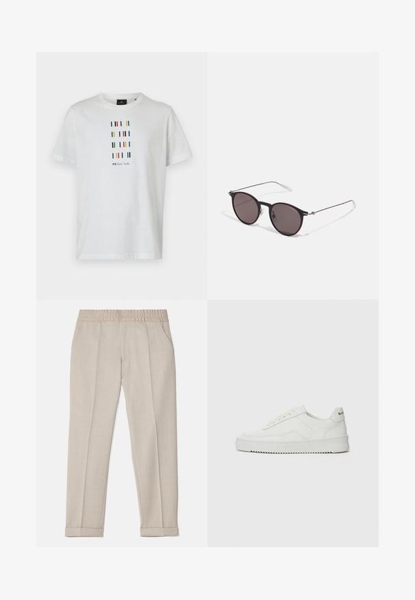 Cămașă albă din bumbac cu dungi verticale multicolore și textul "PS Paul Smith" imprimat în negru, guler rotund, mâneci scurte.; Filippa K TERRY CROPPED TROUSERS - Pantaloni - sage melange; Sneakers din piele albă cu un finisaj neted, vârf rotund, șireturi plate și o talpă texturată. Prezintă un logo subtil pe călcâi.; Ochelari de soare negri rotunzi cu lentile întunecate și brațe metalice subțiri. Include vârfuri transparente pentru brate și accente argintii la balama. Design minimalist.