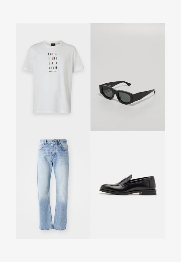 Hvid bomulds T-shirt med flerfarvede lodrette striber og teksten "PS Paul Smith" trykt i sort, rund halsudskæring, korte ærmer.; Lyseblå denim jeans med lige ben. Har en fem-lomme design, knaplukning og en falmet tekstur mod bunden.; Sorte læderloafers med en glat overflade, rund tå og en dekorativ strop over vampen. Lav hæl med stabeldesign, minimalistisk stil.; Sorte rektangulære solbriller med grønne tonede linser, tykke stel og flade templer med en glat plastisk overflade.