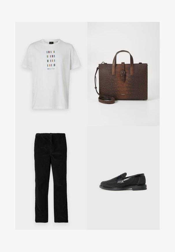 Balta medvilninė marškinėlių su daugiaspalvėmis vertikaliomis juostelėmis ir juodu užrašu "PS Paul Smith", apvali iškirptė, trumpomis rankovėmis.; Juodos tiesios blizgančios aksominės kelnės su elastinga juosmena ir priekyje esančia raišteliu, eksponuojamos prieš paprastą baltą foną.; Juodas pintas slip-on tipo batelis su lygiu odiniu akcentu viršuje, apvalios nosies dizainas ir žemas guminis padas.; Rudos krokodilo rašto odos rankinė su viršutinėmis rankenomis ir nuimamu peties dirželiu. Yra sagties užsegimas ir stačiakampis pavidalas.