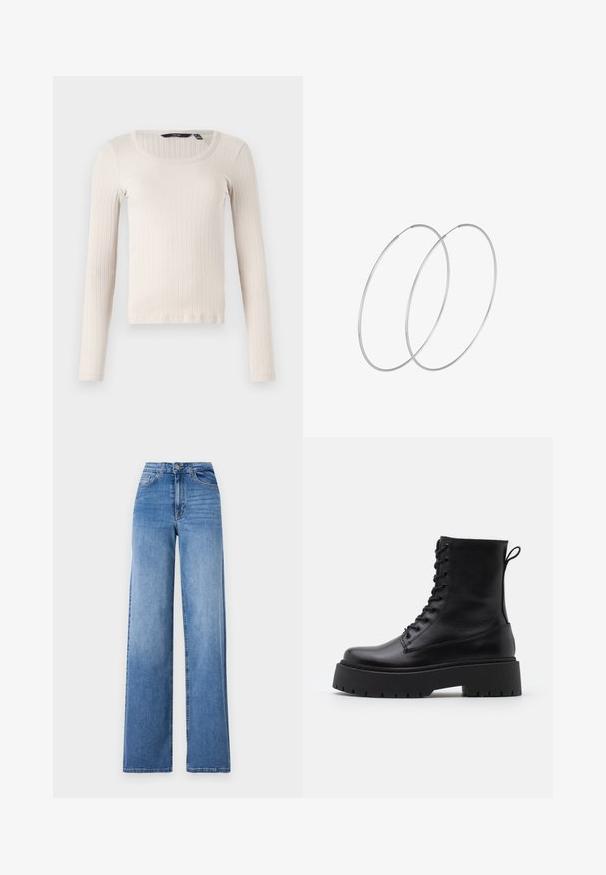 Dlhý rukáv, rebrované tričko svetlej béžovej farby, s okrúhlym výstrihom a jemnou textúrovanou látkou. Normálny strih s rovným lemom.; Svetlomodré široké džínsy vyrobené z denimu, s vysokým pásom, prednými vreckami a štandardným zapínaním na gombík. Hladká textúra.; Čierne kožené členkové topánky s okrúhlou špičkou, šnurovaním vpredu a hrubou gumovou podrážkou s textúrovaným vzorom. Sťahovací pútko na zadnej strane.; Strieborné kruhové náušnice s minimalistickým dizajnom. Cirkulárny tvar, hladký povrch a tenký profil. Ľahké s lesklým povrchom.