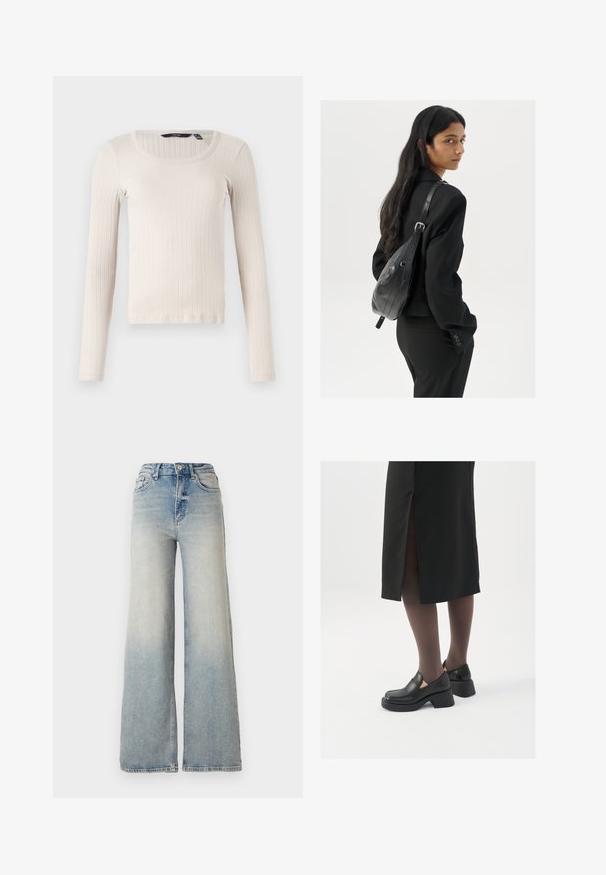 Hea beež pikkade varrukatega ribadekombinesoon, ümarate kaelustega ja pehme, tekstuurse kangaga. Tavaline lõige, otse lõikega hems.; Heledad sinine laia säärega teksapüksid, mis on valmistatud denimist, kõrge vöökoht, viis taskut ja nähtav õmblemine õmbluste ääres.; Mustad mustad jalatsid ümmarguse varbaga, paksu plokkniidi ja elastsete külgdetailidega, kombineeritud tumedate sukkade ja musta lõhikuga seelikuga.; Pikkade tumehaired naine mustas ülikonnas, kandes musta nahast õlakotti, vaatab üle õla valge tausta taustal.; Hõbedased rõngastikkaehingad minimalistlikus disainis. Ümar kuju, sile tekstuur ja õhuke profiil. Kerged ning poleeritud viimistlusega.