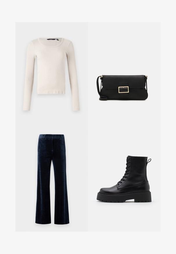 Dlhý rukáv, rebrované tričko svetlej béžovej farby, s okrúhlym výstrihom a jemnou textúrovanou látkou. Normálny strih s rovným lemom.; Námornícke modré áčkové nohavice vyrobené z jemného sametu. Majú hladký povrch, prispôsobený pás a čisté okraje. Žiadne viditeľné kovanie ani vzory.; Čierne kožené členkové topánky s okrúhlou špičkou, šnurovaním vpredu a hrubou gumovou podrážkou s textúrovaným vzorom. Sťahovací pútko na zadnej strane.; Čierna kožená clutch taška s klopou a zlatým kovovým detailom s prackou. Obsahuje čierny remienok a elegantný, minimalistický dizajn.; Strieborné kruhové náušnice s minimalistickým dizajnom. Cirkulárny tvar, hladký povrch a tenký profil. Ľahké s lesklým povrchom.
