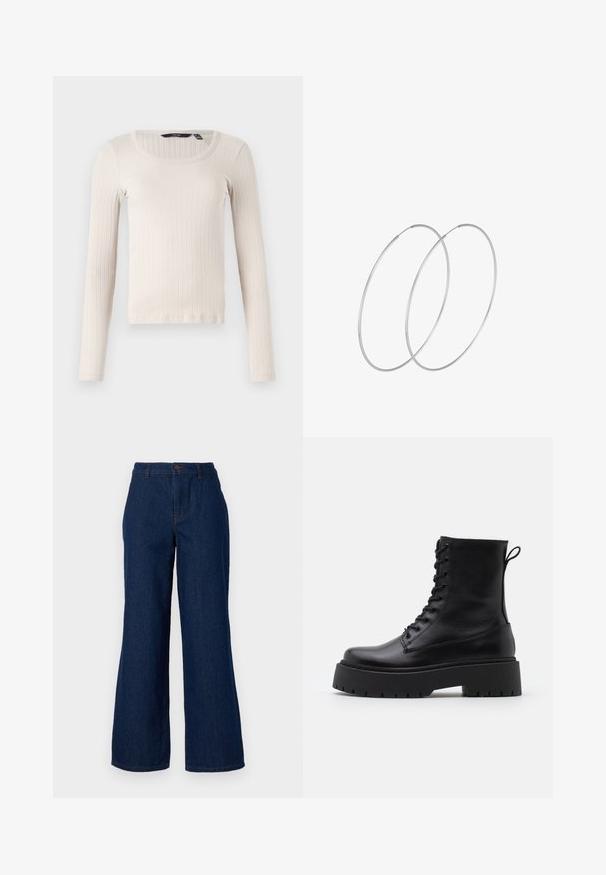 Długi rękaw, prążkowany top w jasnym beżu, z okrągłym dekoltem i miękkim, teksturowanym materiałem. Regularny krój z prostym wykończeniem.; Granatowe dżinsowe spodnie o szerokich nogawkach z wysokim stanem, z zapięciem na guziki z przodu oraz subtelnymi detalami przeszyć. Gładka faktura i brak wzorów.; Czarne skórzane botki za kostkę z okrągłym noskiem, sznurówką z przodu i grubą gumową podeszwą z teksturowanym bieżnikiem. Pętelka do zakładania z tyłu.; Srebrne kolczyki w formie obręczy o minimalistycznym designie. Okrągły kształt, gładka faktura i cienki profil. Lekkie, z polerowanym wykończeniem.