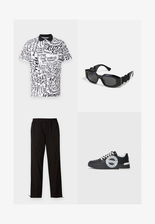 Polo preto e branco com um padrão de texto repetido "Versace Jeans Couture", mangas curtas e gola preta.; Calças leves pretas com cintura elástica, fecho por cordão ajustável e bainhas com fecho de correr para ajuste. Textura suave e elegante.; Tenis de couro preto com detalhes em branco, logótipo redondo, ponta perfurada e sola de contraste. Apresenta atacadores brancos e marca.; Óculos de sol pretos com uma armação larga e angular e lentes escurecidas. Apresenta laterais texturizadas em preto e um detalhe de logo redondo na haste.