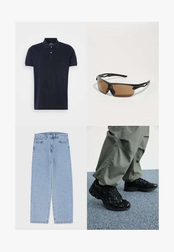 Sötétkék rövid ujjú pólóing, pamutból készült, klasszikus gallérral, két gombbal és egy kis logóval a mellkasán. Sima textúra.; Világoskék farmernadrág egyenes szárú kivitelben, közepes derékkal, öt zsebbel, gombos és cipzáros záródással.; Fekete sportcipők fényes és hálós textúrával, vastag talppal és fűzővel, laza olívazöld cargo nadrággal párosítva.; Sport napszemüveg fekete kerettel, barna színű lencsékkel, és textúrált fekete díszítésekkel a szárakon. Könnyű és aerodinamikus dizájn.