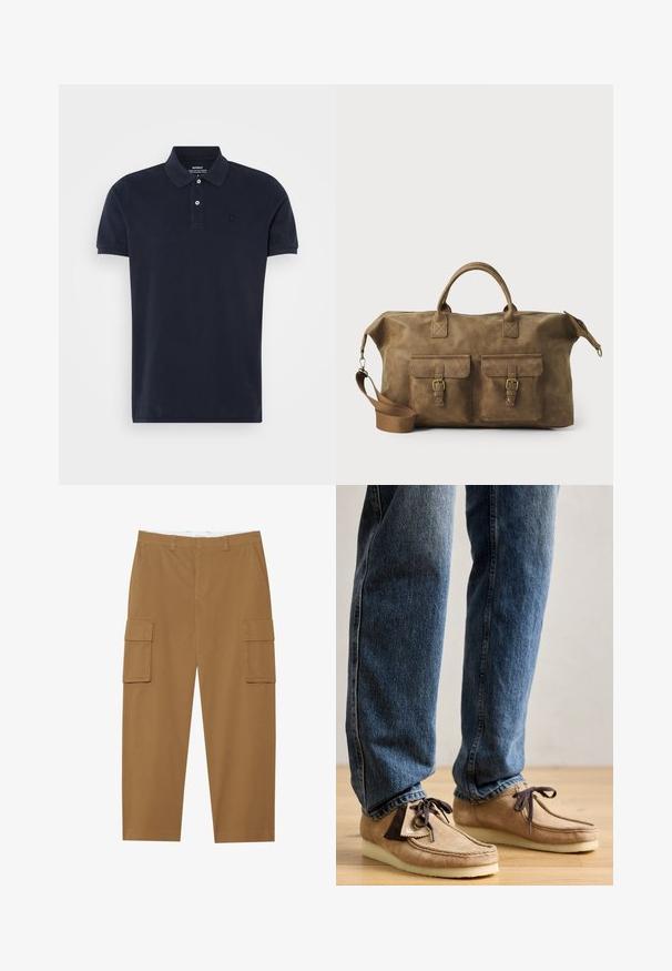 Námorníckomodrá polo košeľa s krátkym rukávom, vyrobená z bavlny, s klasickým golierom, dvomi gombíkmi a malým logom na hrudi. Hladká textúra.; Hnedé cargo nohavice s dvoma bočnými vreckami, rovný strih a hladký predný diel. Vyrobené z odolnej látky s jemnou textúrou.; Suede mokasíny v béžovej farbe s tmavohnedými akcentmi, s zaoblenou špičkou a plyšovou bielou podrážkou. Obsahuje šnurovací dizajn a prešité detaily.; Hnedá kožená taška na cestovanie s dvoma prednými vreckami, nastaviteľným ramenným popruhom, zlatými kovovými doplnkami a pevným horným uchom. Hladký povrch.