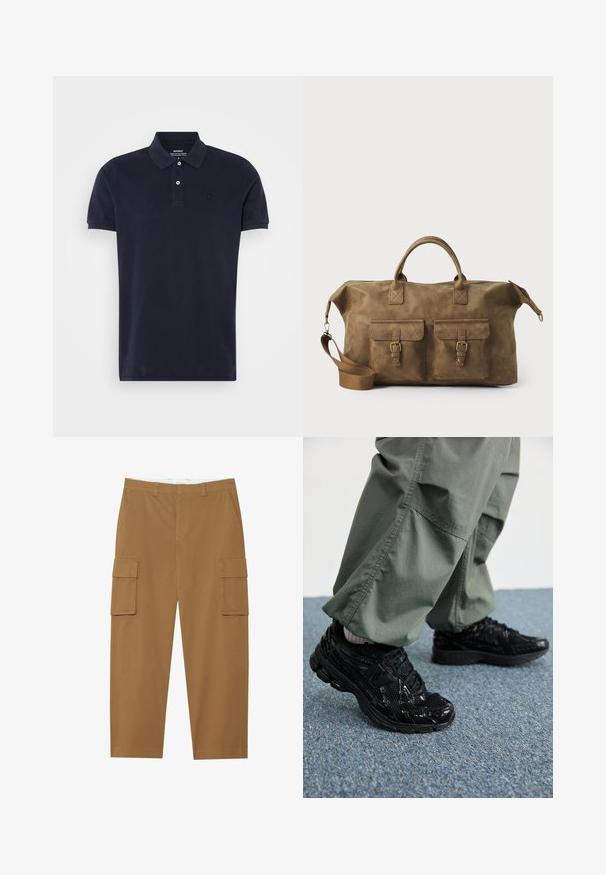 Tums zilgans īsa piedurkne polo krekls, izgatavots no kokvilnas, ar klasisku apkakli, divām pogām un mazu logo uz krūšu daļas. Gluda tekstūra.; Ceri brūni cargo bikses ar divām sānu kabatām, plakanu priekšpusi un taisnu kāju griezumu. Izgatavotas no izturīgas auduma ar gludu tekstūru.; Melni sporta apavi ar spīdīgu un sieta tekstūru, ar biezu zoli un auklām, kombinēti ar brīvām olīvzaļām kravas biksēm.; Brūns ādas ceļojumu soma ar diviem priekšējiem kabatām, regulējamu plecu siksnu, zelta detaļām un stingrām augšējām rokturiem. Gluda tekstūra.