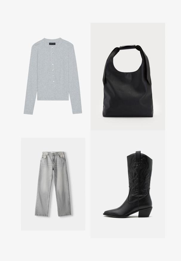 Hellgraue, langärmlige Strickjacke mit Rundhalsausschnitt, die über eine Fünf-Knopf-Leiste mit runden, glänzenden Knöpfen und einem taillierten Schnitt verfügt.; Helle graue Jeans aus Denim mit geradem Bein, ausgestattet mit zwei vorderen Taschen, einem Knopfverschluss und subtilen Abnutzungen für Struktur.; Schwarze Leder-Cowboy-Stiefel mit spitzem Zeh, geprägten, wirbelnden Mustern und einem mittelhohen Absatz. Mit einem Zuglasche für einfaches An- und Ausziehen.; Schwarze Leder-Hobo-Tasche mit einem einzelnen, weichen, abgerundeten Griff; verfügt über eine glatte Textur und ein minimalistisches Design. Keine sichtbaren Beschläge oder Akzente.