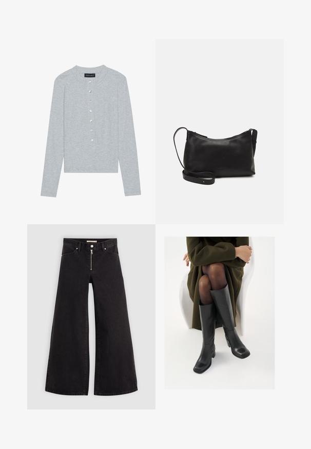 Lys grå langermet cardigan med rund hals, som har en fem-knaps placket med runde, blanke knapper og en tettsittende design.; Vide benbukser i sort denim med glidelås i front, fem-lomme design og subtile sømdetaljer. Glatt tekstur og avslappet stil.; Knæhøye sorte lærstøvler med firkantet tå og blokkhelt, vist med en modell som sitter iført en olivengrønn kåpe. Glatt tekstur, minimal detaljering.; Svart skinn skulderveske med glatt tekstur, buet form, justerbar stropp og glidelås. Minimalistisk design uten dekorasjoner.
