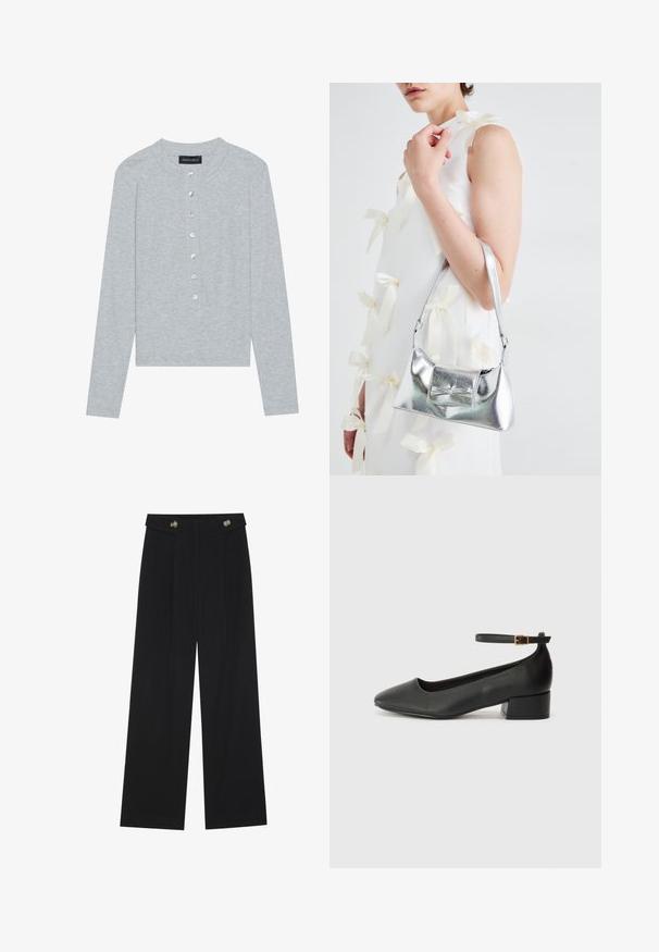 Lichtgrijze lange mouwen cardigan met een ronde halslijn, voorzien van een vijfknopenlijst met ronde, glanzende knopen en een aansluitend ontwerp.; Zwarte wijde broek met hoge taille, knoopdetails op de tailleband en plooien aan de voorkant.; Zwarte leren pump met een spitse neus en een lage blokhak. Beschikt over een enkelband met een goudkleurige gespsluiting. Gladde textuur.; Zilveren metallic handtas met een gestructureerde vorm, voorzien van een bovenhandvat en een strikdetail aan de voorkant. Gladde textuur, reflecterende afwerking.