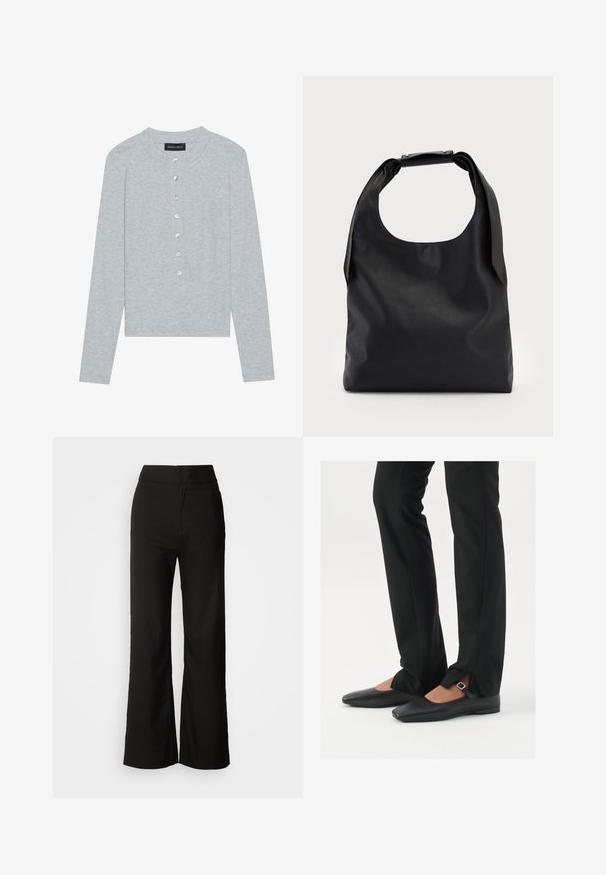 Svijetlosiva lagana kardigan s dugim rukavima i okruglim izrezom, koji sadrži placket s pet dugmadi s okruglim, sjajnim dugmadi i prilagođenim dizajnom.; Crne široke hlače s glatkom teksturom, visokim strukom i jednostavnim dizajnom. Bez vidljivih džepova ili ukrasa.; Crne kožne balerinke s uskim vrhom, trakica sa srebrnom kopčom, u kombinaciji s crnim krojenim hlačama s otvorenim rubom.; Crna kožna hobo torba s jednim mekanim, zaobljenim ručkom; karakterizira je glatka tekstura i minimalistički dizajn. Nema vidljivih hardverskih detalja ili akcenata.; Srebrna kružna naušnica s poliranim završetkom, koja ima male zlatne detalje i okrugli oblik, nošena na uhu.