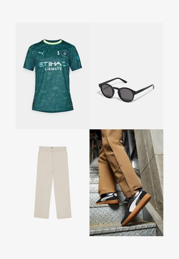 Grøn målmandstrøje med geometriske mønstre, der har et cirkulært klublogo, nummer "1" og hvid branding. Kortærmet med rund hals.; Beige brede bukser med en glat tekstur, der har bæltestropper, to frontlommer og en lynlåslukning. Minimalistisk design.; Sorte og grå ruskinds sneakers med hvide detaljer og såler i gummitræ, båret på tanfarvede bukser mens man bestiger metaltrapper.; Sorte solbriller med en rund, let bølget stel, mørke linser og lige sorte arme. Glat, glansfuld overflade uden synlige mønstre.