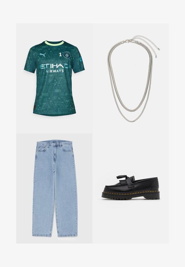 Jersey de portero verde con patrones geométricos, que presenta un logo circular del club, el número "1" y marcas en blanco. Diseño de mangas cortas y cuello redondo.; Jean de mezclilla azul claro con diseño de pierna recta, con una cintura de altura media, cinco bolsillos y un cierre de botón y cremallera.; Mocasín de cuero negro con un acento de borlas, que presenta una suela gruesa negra y costuras amarillas a lo largo del borde. Acabado texturizado.; Collar de metal plateado de tres capas que presenta cadenas flexibles y elegantes con un ligero brillo, asegurado con un cierre de langosta y cadena ajustable.