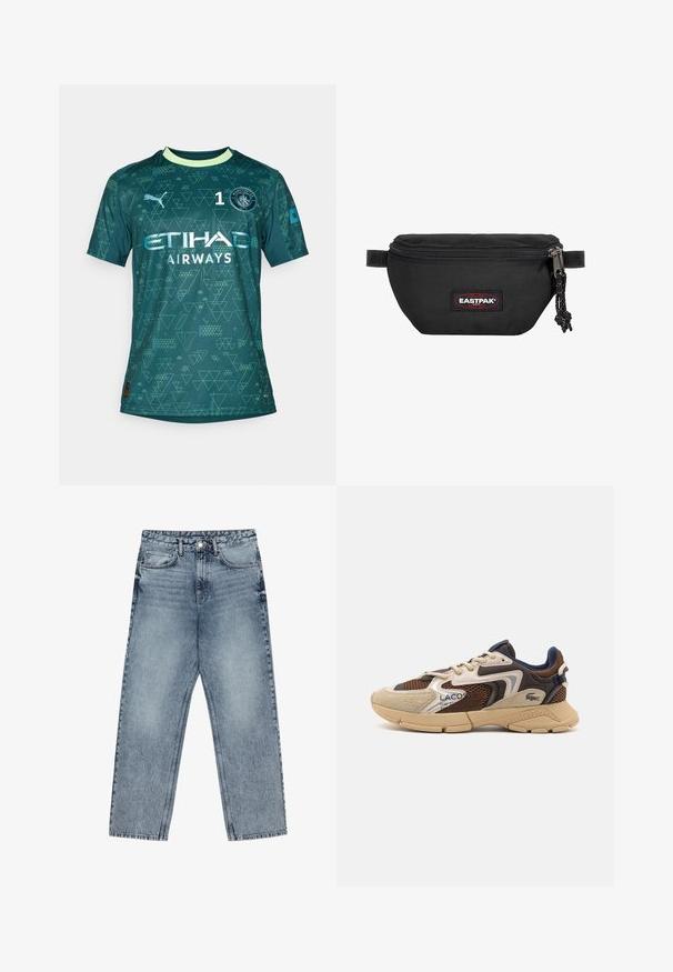 Zelená brankářská dres s geometrickými vzory, obsahující kulatou klubovou nášivku, číslo "1" a bílé logo. Krátké rukávy a design s kulatým výstřihem.; Světle modré džíny z denimu se střihom rovnými nohavicemi, viditelným šitím, designem s pěti kapsami a knoflíkovým zapínáním v pase.; Béžové a hnědé tenisky s texturovanými síťovinovými panely, akcenty z semiše a gumovou podrážkou. Mají šněrovací design a značkové detaily.; Černá ledvinka vyrobená z odolné tkaniny, s uzavíráním na zip, nastavovacími popruhy a červeným a černým logem na přední straně.