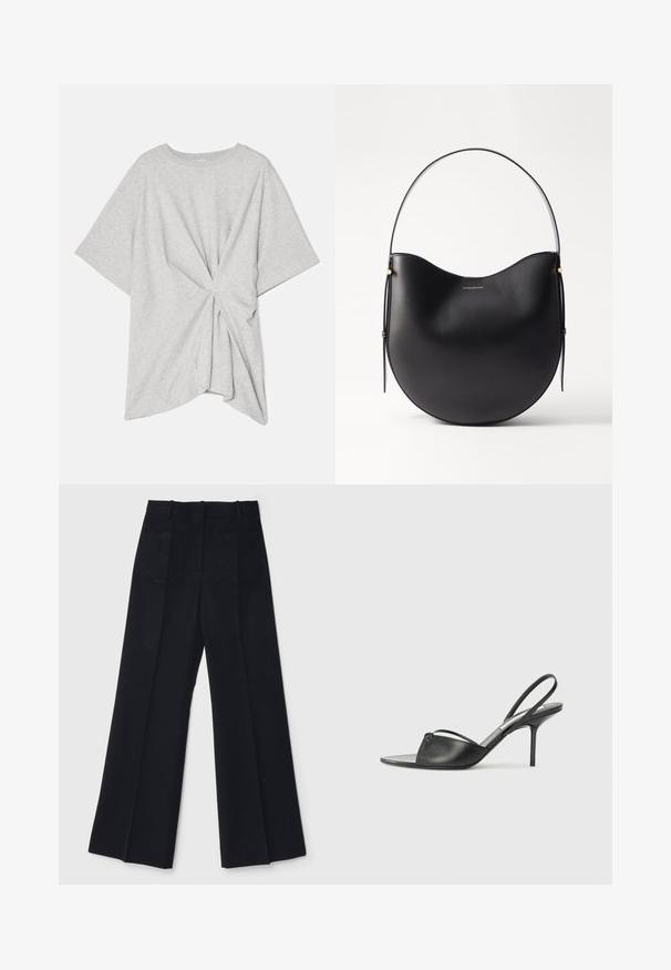 Pilnas pilkos spalvos trumpomis rankovėmis marškinėliai, pagaminti iš švelnios medvilnės, su suktais nugaros dizainu ir laisvu, patogiu kirpimu su apvaliu pašonu.; Juodi plačių kojų kelnes, pagamintas iš lygios medžiagos, su aukštu liemeniu, dviem užpakalinėmis kišenėmis ir subtiliomis priekinėmis raukšlėmis, suteikiančiomis papildomą formą.; Juodos odinės slingback aukštakulnės bateliai su smailiu priekiniu galu, plona kulkšnies juostele ir stiletto kulnu. Papuošti mazginio detalė vampyro dalyje.; Juodas odinis peties krepšys su kreiviu kontūru, plona rankena ir subtiliais auksiniais akcentais. Lygaus paviršiaus su minimalistiniu dizainu.