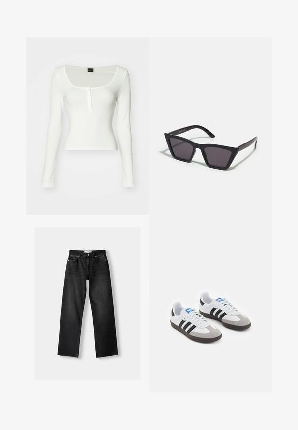White long-sleeve top with a scoop neck and a single button placket. Made of smooth fabric with a fitted silhouette and no visible patterns.; Bershka Straight leg jeans - mottled dark grey; Sport shoes with a white leather upper, gray suede toe, and three black stripes. Features a blue logo on the tongue and a textured rubber sole.; Black, angular sunglasses with gray lenses; made of plastic, featuring thick arms with a smooth surface and no visible hardware.