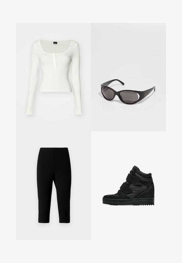 Bela dolga majica z dolgimi rokavi in krožno izrezom ter enim gumbom na zadrgo. Narejena iz gladkega materiala, je prilegajoče silhuete in nima vidnih vzorcev.; Črne capri hlače iz raztegljive tkanine, s prilegajočim dizajnom, ki se konča tik pod kolenom, z gladko teksturo in brez vidnih šivov.; Črne visoke teniske iz usnja in mrežastega materiala, ki imajo ježke, gladko površino in teksturiran gumijast podplat za oprijem.; Črne sončne očala z ovalnimi lečami in elegantnim oblikovanjem. Okvirji so sijoči in široki, s podrobnostjo izrezanega dela na straneh.; Črna usnjena torba s pletenimi ročaji, žepom na zadrgo in visečimi resicami. Teksturična površina z kovinskimi okrasnimi studenčki in dodatki iz kovine.