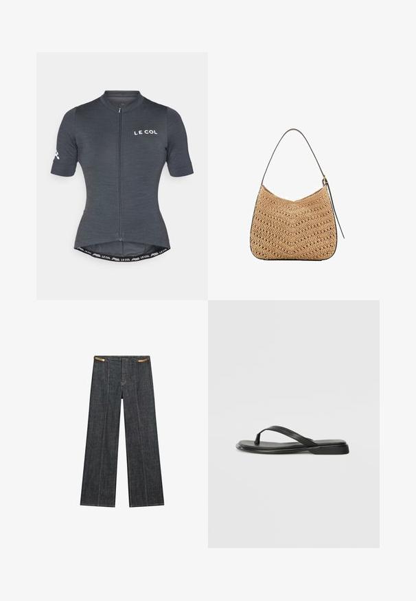 Graues Fahrradtrikot mit kurzen Ärmeln, Frontreißverschluss und tailliertem Schnitt. Mit eigens gestaltetem Logo und kontrastierendem Taillenband.; Helle Jeans mit weitem Bein und hoher Taille. Mit sichtbaren Nähten, einem Knopfverschluss und einem einzigartigen Kettenakzent an der Taille.; Schwarze Flip-Flops aus glattem Leder, mit einem dünnen Riemendesign und einer flachen Sohle mit minimalem Profil. Keine bemerkenswerten Muster oder Akzente.; Geflochtene Strohtasche mit geschwungener Form, ausgestattet mit einem dunklen Ledertragegurt und einer strukturierten Oberfläche mit Zickzackmuster.; Klare und bernsteinfarbene Harzringe, einer glatt und transparent, der andere mit einer strukturierten, bernsteinfarbenen Oberfläche. Beide haben ein abgerundetes, massives Design.