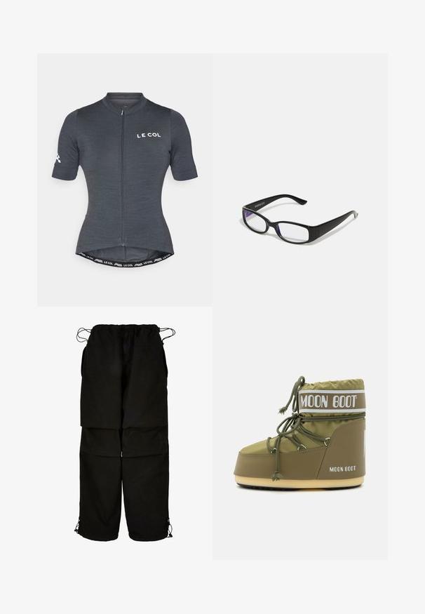 Hallide hallhalli jalgrattasärk lühikeste varrukatega, esi-zipper ja sobiv disain. Omab kaubamärgiga logo ja kontrastset vöökoha detaili.; Mustad kerge kangast mustad püksid, millel on reguleeritav vöökoht ja nööriga äärised. Kavandatud lõdva, ülemõõdulise lõikega ning mitme taskuga.; Moon Boot ICON LOW UNISEX - Talvesaapad - khaki; Mustad mustad prillid selgete läätsedega. Läikiv viimistlus, kitsad vars, ja läätsede servadel on nähtav lilla varjund.