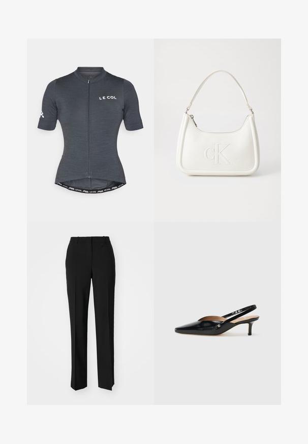Maillot de cyclisme gris à manches courtes, avec une fermeture éclair sur le devant et une coupe ajustée. Comprend un logo de marque et des détails de taille contrastants.; Pantalon noir ajusté avec une coupe droite, présentant une texture lisse et des plis nets sur le devant. Aucune quincaillerie visible.; Aiguillettes en cuir verni noir avec un bout pointu, un petit talon, et un design découpé sur le dessus. Accent en métal doré sur le côté.; Sac à main en cuir blanc avec une forme courbée, arborant un logo "CK" embossé à l'avant et une seule bandoulière. Fermeture à glissière en haut.