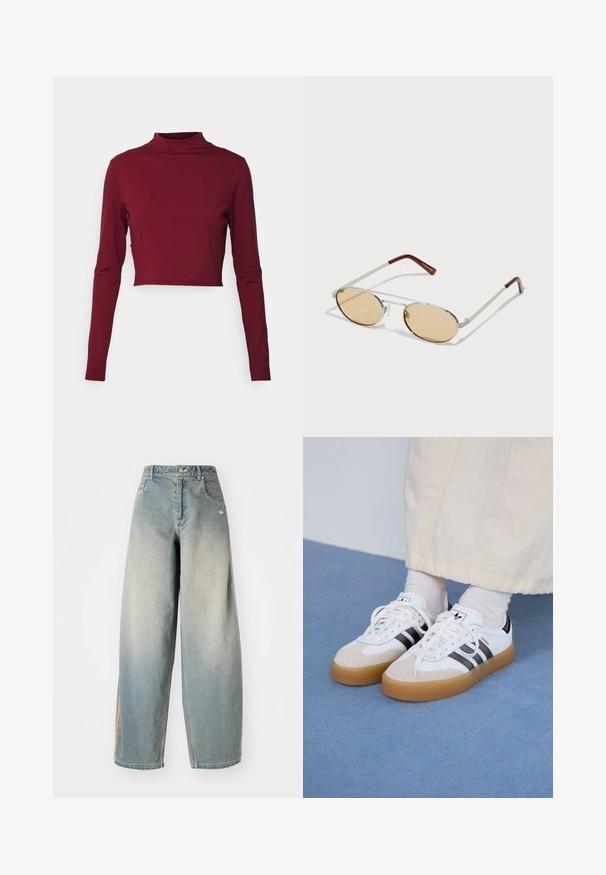 adidas Performance YOGA STUDIO - Maglietta a manica lunga - shadow red; Jeans a gamba larga in denim azzurro chiaro con un finish sbiadito. Presentano tasche anteriori, chiusura con bottone e un logo discreto sulla vita.; Sneakers bianche con strisce nere e accenti in suede beige. Presentano una suola in gomma texturizzata e lacci bianchi piatti, indossate con calzini di colore chiaro.; Occhiali da sole in metallo con lenti ovali di colore marrone chiaro. Montatura sottile in argento con accenti texturizzati e punte rosso-marrone sulle astine.