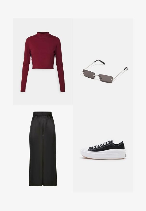 adidas Performance YOGA STUDIO - Tops ar garām piedurknēm - shadow red; Melni plaši bikses, izgatavotas no gludas, spīdīgas auduma, ar elastīgu jostu un bez redzamām kabatām vai aparatūras detaļām.; Melni kanvas sporta apavi ar baltām šņorēm, baltu gumijas purngalu un masīvu baltu zoli. Iezīmējas ar smalku baltu šuvumu un gumiju zoli.; Saulesbrilles ar taisnstūra formas, tumši pelēkiem stikliem, sudraba metāla rāmjiem un melnām plastikāta galviņām uz kājiņām. Viegls dizains ar deguna spilventiņiem.