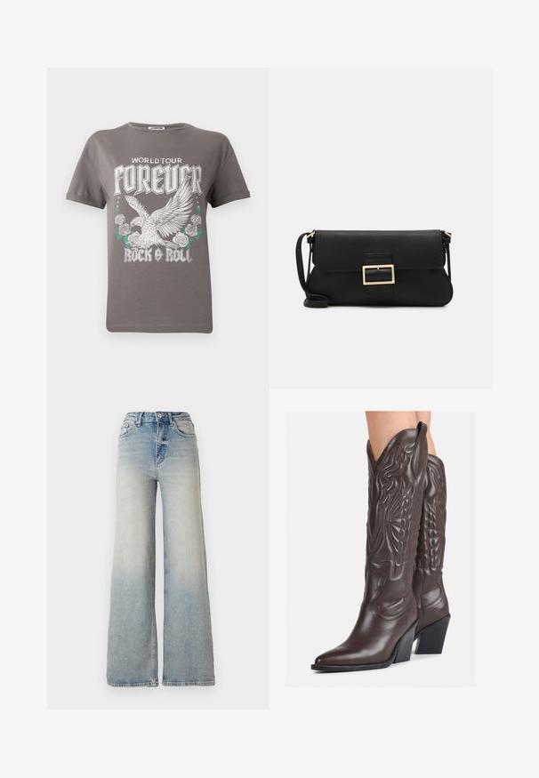 Sivá bavlnená tričko s veľkým grafickým zobrazením orla a ruží, s textom "SVETOVÉ TURNÉ NAVŽDY ROCK & ROLL" v tučnom bielom písmene.; Svetlomodré džínsy s širokými nohavicami vyrobené z denimu, s vysokým pásom, piatimi vreckami a viditeľnými stehmi pozdĺž švov.; Hnedé kožené kovbojské topánky s špicatou špičkou a blokovým podrážkou, so zložitým prešívaním a vyvýšenými akcentmi na puzdre.; Čierna kožená clutch taška s klopou a zlatým kovovým detailom s prackou. Obsahuje čierny remienok a elegantný, minimalistický dizajn.; Zlaté kruhové náušnice, tenké a okrúhleho tvaru, s hladkým kovovým povrchom a bez ozdôb alebo vzorov.