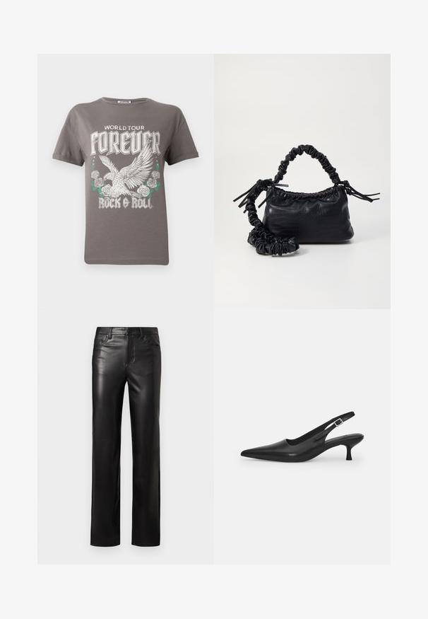 Hallhalli hallis T-särk, millel on suur graafika kotkast ja roosidest, ning tekst "MAAILMA TUUR Igavesti Rock & Roll" julgete valgete tähtedega.; Musta nahkpüksid sirge lõikega, millel on nööbiga sulgur ja eesmist kotid. Sile tekstuur koos peene tikandiga detailidega.; Mustmustast musta nahast slingback king, millel on terav varvas ja kitsas, kumer konts. Omab diskreetset reguleeritavat rihma metallist pandlaga.; Must must sünteetilisest nahast käekott, millel on krokodillimuster, kokku tõmmatav ülaosa ja kortsus rihm. Tundub pehme ja kompaktne disain.