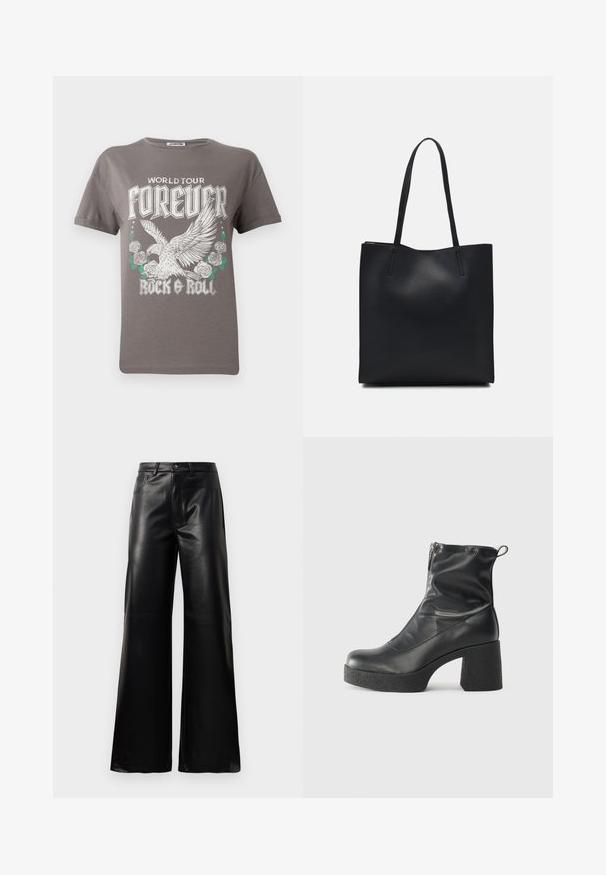 Gray cotton t-shirt featuring a large graphic of an eagle and roses, with the text "WORLD TOUR FOREVER ROCK & ROLL" in bold white lettering.; Black high-waist wide-leg faux leather pants with front button, zip closure, belt loops, and side pockets on white background.; Black ankle boots made of smooth leather, featuring a side zipper, chunky textured heel, and rounded toe design.; Black leather tote bag with smooth texture, rectangular shape, and two long handles. No visible hardware or embellishments.
