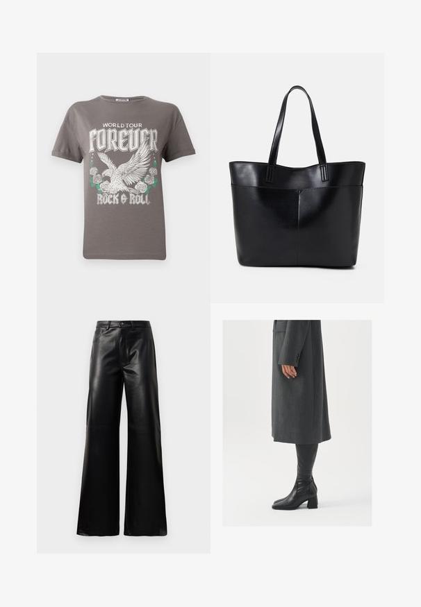 Grå bomulls T-skjorte med et stort grafikk av en ørn og roser, med teksten "WORLD TOUR FOREVER ROCK & ROLL" i fet hvit skrift.; Sorte høy midje vide ben bukser i imitert skinn med knapp foran, glidelås, beltehemper og sidelommer på hvit bakgrunn.; Grå, skreddersydd frakk med rett snitt; kombinert med knehøye svarte lærstøvler med firkantet tå og kraftig hæl.; Svart lær toteveske med to lange håndtak, en glatt tekstur og en strukturert form. Har en frontlomme for ekstra oppbevaring.