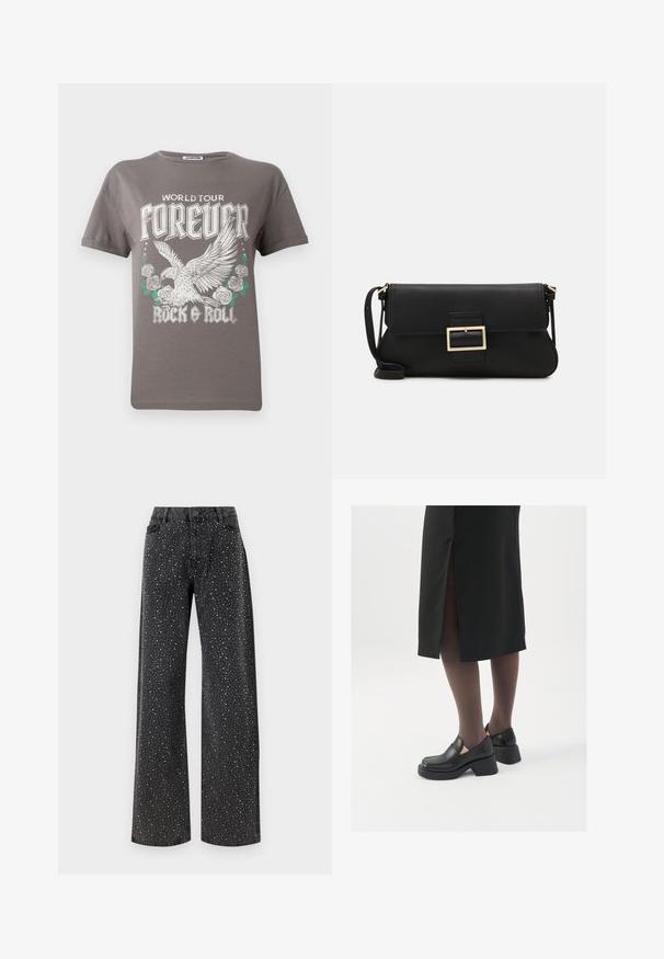 Gray cotton t-shirt featuring a large graphic of an eagle and roses, with the text "WORLD TOUR FOREVER ROCK & ROLL" in bold white lettering.; Noisy May NMJANNEL LOOSE - Relaxed fit jeans - black denim; Black leather shoes with a rounded toe, thick block heel, and elastic side accents, paired with dark tights and a black skirt with a slit.; Black leather clutch bag with a flap and a gold metal buckle detail. Includes a black strap and a sleek, minimalist design.; Gold-colored hoop earrings, thin and round in shape, with a smooth metallic finish and no embellishments or patterns.