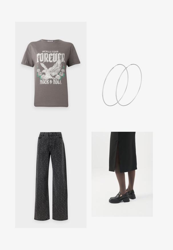Siva bomba majica iz bombaža s velikim grafičnim prikazom orla in vrtnic ter besedilom "SVETOVNA TURNEJA VEČNO ROCK & ROLL" v krepki beli pisavi.; Noisy May NMJANNEL LOOSE - Široke kavbojke - black denim; Črne usnjene čevlje s zaobljenim prstom, debelim blokastim petama in elastičnimi stranskimi detajli, v kombinaciji s temno nogavicami in črno krilo z razporkom.; Srebrne uhane v obliki obroča z minimalističnim dizajnom. Krožna oblika, gladka tekstura in tanek profil. Lahki s poliranim zaključkom.