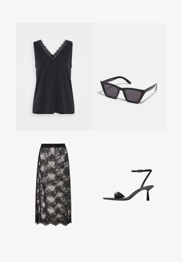 Fekete ujjatlan felső V-nyakkal, amelyet bonyolult fekete csipke díszít a nyakkivágás mentén. Simá szövet, laza szabás.; Fekete csipke szoknya fodros szegéllyel, virágmintával és átlátszó textúrával. Rugalmas derékpánt a kényelmes viseletért.; Bershka Magas sarkú szandálok - black; Fekete, szögletes napszemüveg szürke lencsékkel; műanyagból készült, vastag karokkal, sima felülettel és látható hardver nélkül.; Fekete bőr kézitáska lekerekített, kontúros formával, aranyszínű zárással és egyetlen állítható pánttal. Sima felület.
