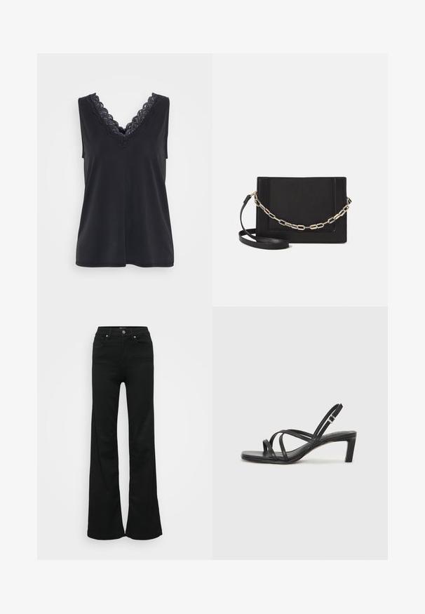 Fekete ujjatlan felső V-nyakkal, amelyet bonyolult fekete csipke díszít a nyakkivágás mentén. Simá szövet, laza szabás.; Fekete, trapéz szabású farmernadrág, magas derékkal, öt zsebbel és fémből készült gombos zárással. Simább textúrájú, minimális díszítéssel.; Fekete pántos szandál négyzetes orral és alacsony blokk sarkal. Több vékony pánttal és állítható boka pánttal rendelkezik. Sima bőrből készült.; Fekete bőr keresztpántos táska, sima textúrával, téglalap alakú és fém lánc részlettel az elején. Állítható pánttal ellátva.