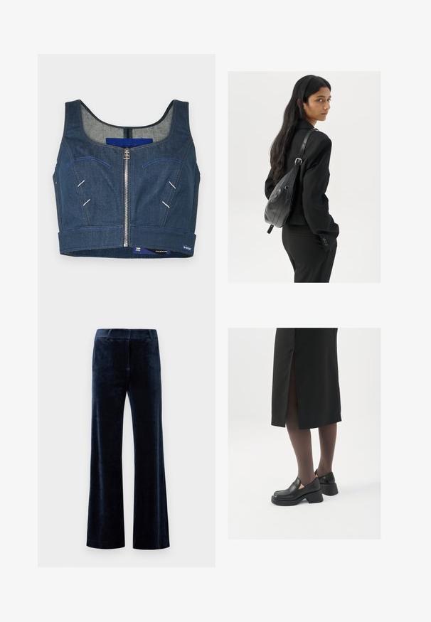 Kratka denim majica v temno modri barvi z okroglim izrezom, sprednjim zadrgo in kontrastnim šivanjem. Ima dve sprednji žepu s ukrivljenimi robovi.; Mornarka modre razširjene hlače iz mehkih plišastih materialov. Imajo gladko teksturo, oblikovan pas in čiste robove. Brez vidne kovine ali vzorcev.; Črne usnjene čevlje s zaobljenim prstom, debelim blokastim petama in elastičnimi stranskimi detajli, v kombinaciji s temno nogavicami in črno krilo z razporkom.; Ženska z dolgimi temnimi lasmi, oblečena v črn kostim, nosi črno usnjeno torbo čez ramo in se ozira čez ramo proti beli podlagi.; Srebrne uhane v obliki obroča z minimalističnim dizajnom. Krožna oblika, gladka tekstura in tanek profil. Lahki s poliranim zaključkom.