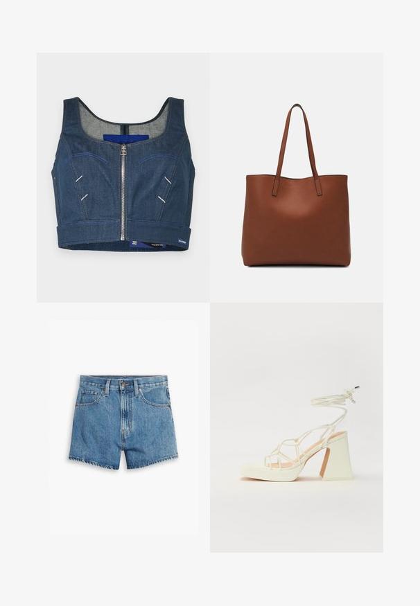 Kratka denim majica v temno modri barvi z okroglim izrezom, sprednjim zadrgo in kontrastnim šivanjem. Ima dve sprednji žepu s ukrivljenimi robovi.; Jeans kratke hlače v svetlo modri barvi, z povezavami za pet žepov, zadrgo in gumbom. Rob je razfrcan, oblikovane so v sproščenem kroju.; Bela sandala na visokih petah s debelim petam, ki ima obliko trakcev in vezanje okoli gležnja. Gladka tekstura z platformo spredaj za dodatno višino.; Rjava usnjena torba z gladko teksturo, odprto zasnovo zgoraj in dvema naramnima trakovoma. Opremljena je z minimalnim šivanjem in brez vidnih kovinskih delov.