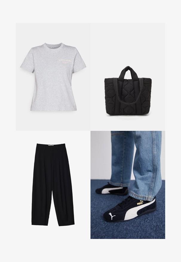 Siva bombažna majica s kratkimi rokavi in okroglim izrezom, okrašena z rožnatim tiskanim logotipom "BJÖRN BORG STOCKHOLM 1986" na prsih.; Črne široke hlače iz lahkega materiala z naprsnimi gubami, klasičnim pasom in stranskimi žepi. Gladko teksturo.; Črne nobučne superge z belimi detajli, ki imajo zlati logotip. Ujemajo se z svetlo modrimi kavbojkami in so postavljene na teksturirano modro površino.; Črna kviltana torba z dvema trdnima ročkama, ki se ponaša s teksturirano tkanino z diamantskim vzorcem za vzdržljivost in stil.