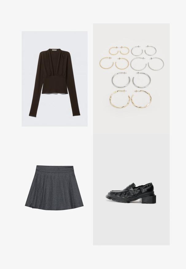 Brown long-sleeve top with a v-neck, gathered detailing at the shoulders, and a fitted waist. Made of stretchy fabric for comfort.; Gray pinstriped skater skirt with a fitted waistband, flared A-line shape, and soft fabric texture. Vertical lines enhance visual interest.; Black leather loafers with a structured sole, featuring a slightly raised block heel and a textured upper, secured by a front strap.; Set of twelve hoop earrings in silver and gold tones. Includes twisted, smooth, and textured designs with various sizes and finishes.