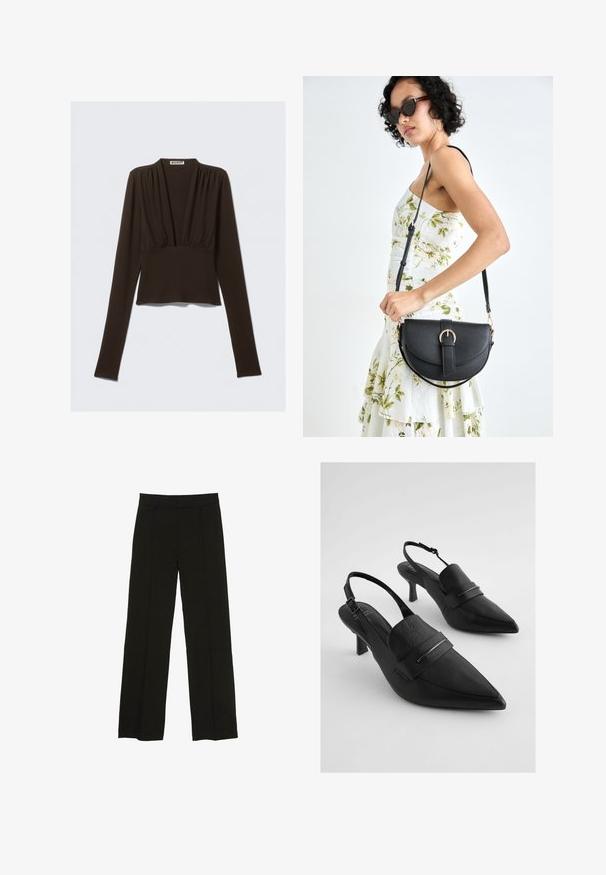 Brun langærmet top med v-hals, indsamlet detalje ved skuldrene og en tætsiddende talje. Fremstillet af strækstof for komfort.; Sorte brede bukser lavet af et glat stof, med en tætsiddende talje og subtile frontfolder for ekstra tekstur.; Sorte læder slingback hæle med spidse tæer, med en bred forreste rem og sølvfarvet hardware accent. Teksturfinish, mellem højde.; Sort læderhåndtaske med en buet form, aftagelig rem og guldfinish. Tasken har en klap med en spænde detalje.