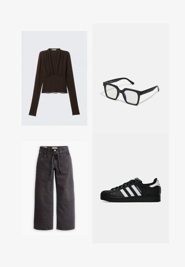 Brun langærmet top med v-hals, indsamlet detalje ved skuldrene og en tætsiddende talje. Fremstillet af strækstof for komfort.; Sorte vide ben jeans lavet af denim, med snørre i taljen, fem lommer og detaljer med kontrastsyninger. Flad frontdesign.; Sort Adidas Superstar sneaker med hvide striber, skaletå og "Superstar"-tekst på siden, vist i sideprofil på hvid baggrund.; Sorte firkantede solbriller med mat finish, udstyret med transparente linser og en svag blå nuance på den ene side. Robust, vinkelret design.; PULL&BEAR SHOPPER - Shopping bags - grey